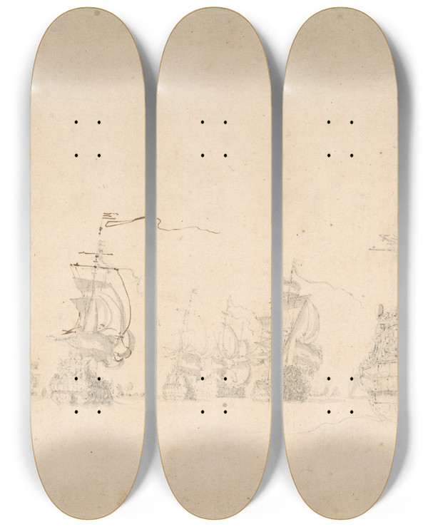 Triptych art skateboard deck of Willem Van De Velde The Younger A Fleet by Willem van de Velde the Younger (1633-1707)