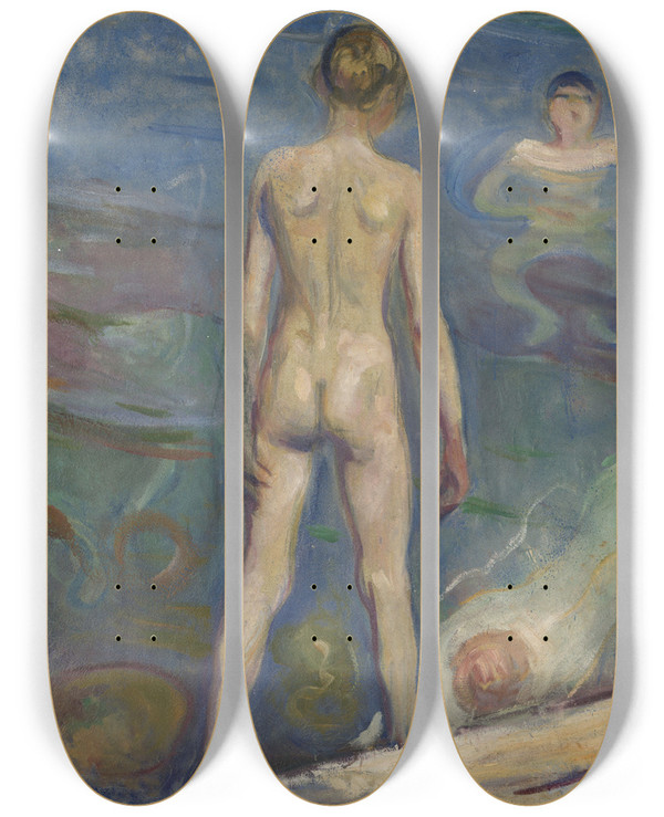 Triptych art skateboard deck of Edvard Munch Bathing Boys by Edvard Munch (1863-1944)