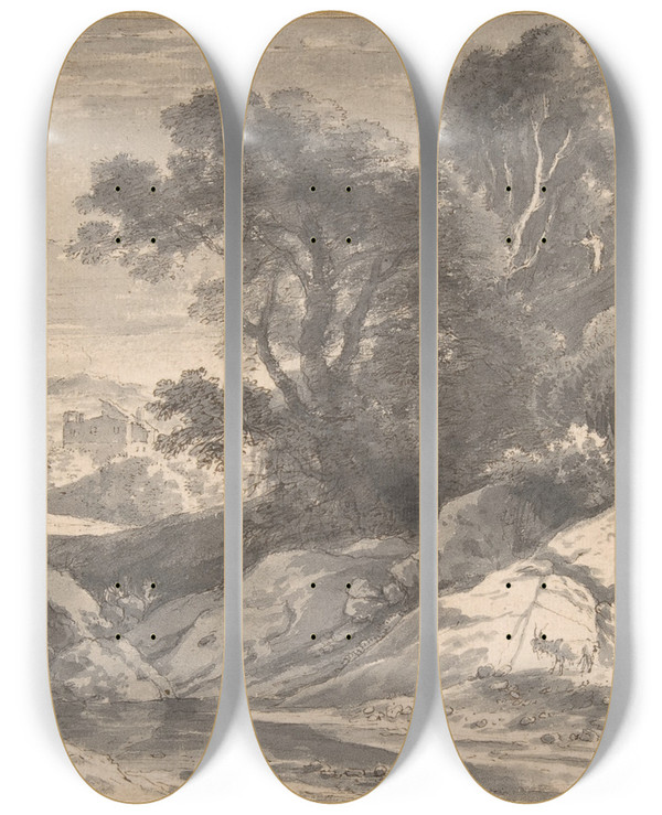 Triptych art skateboard deck of Herman Van Swanevelt A River Landscape With Travellers by Herman Van Swanevelt (1600-1655)