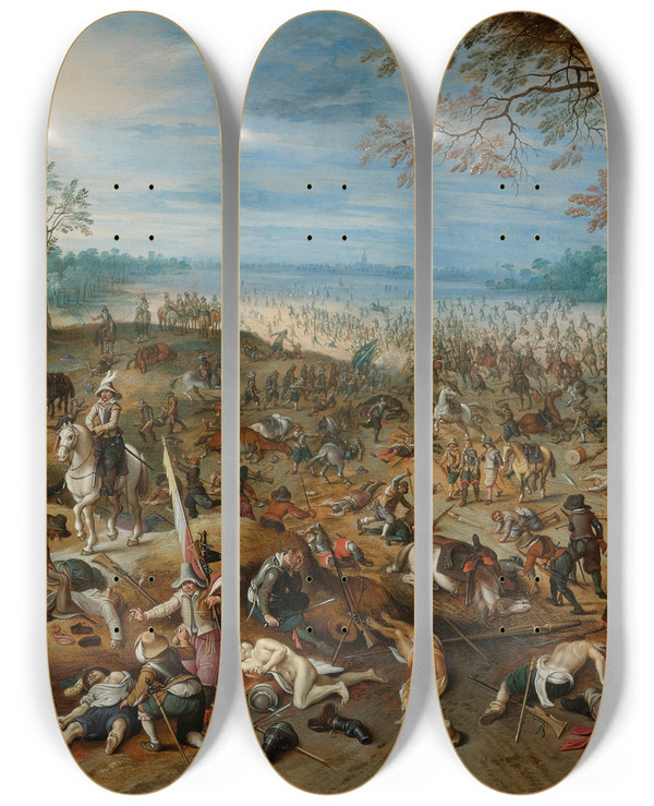 Triptych art skateboard deck of Sebastian Vrancx The Aftermath Of A Battle by Sebastian Vrancx (1573-1647)