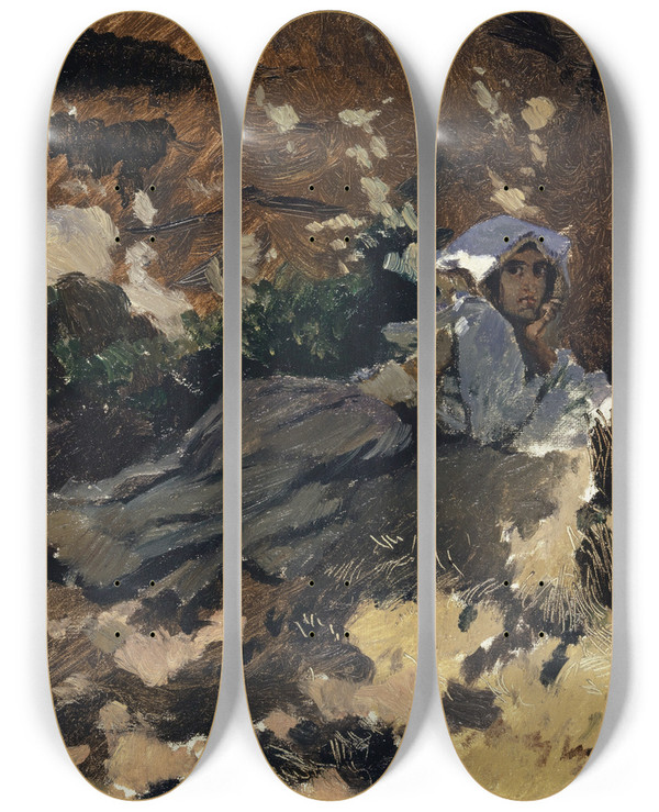 Triptych art skateboard deck of Frank Buchser Young Woman Lying In The Wood by Frank Buchser (1828-1890)