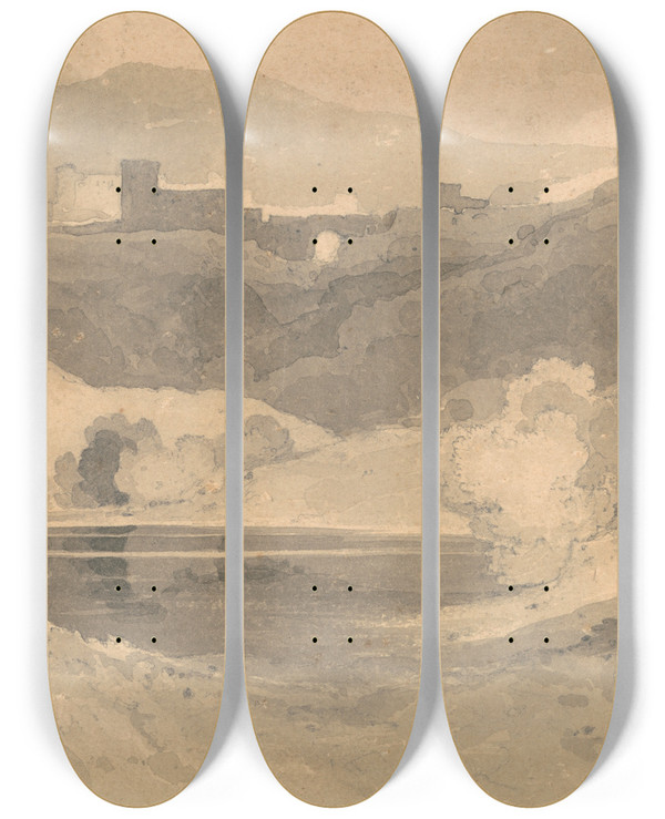 Triptych art skateboard deck of John Sell Cotman Castle In A Landscape by John Sell Cotman (1782-1842)