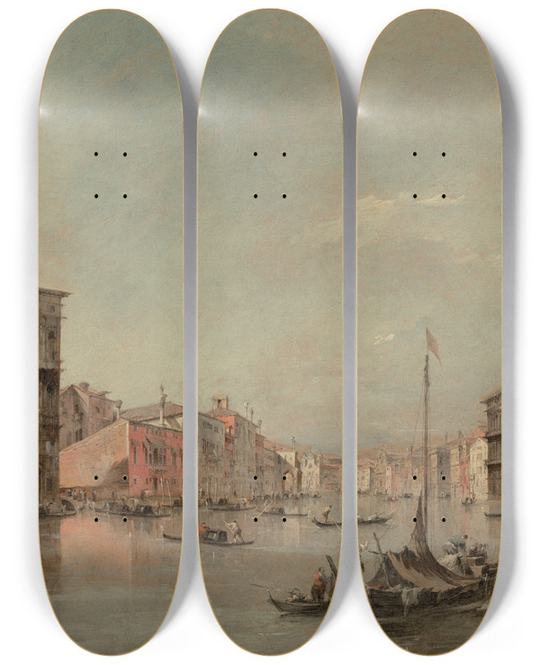 Triptych art skateboard deck of Francesco Guardi The Grand Canal In Venice With Palazzo Bembo by Francesco Guardi (1712-1793)