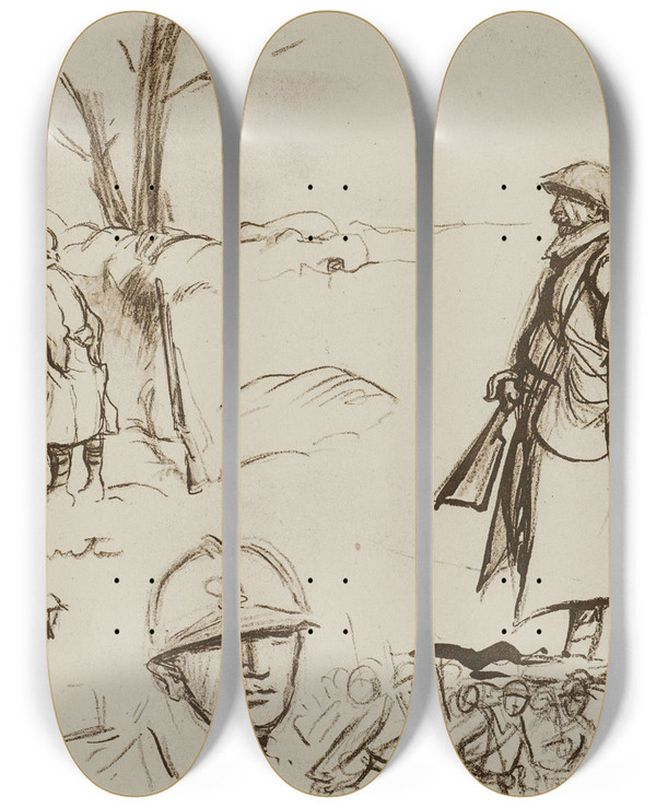 Triptych art skateboard deck of Georges Goursat Sem Un Poste Dcoute by Georges Goursat (Sem) (1863-1934)