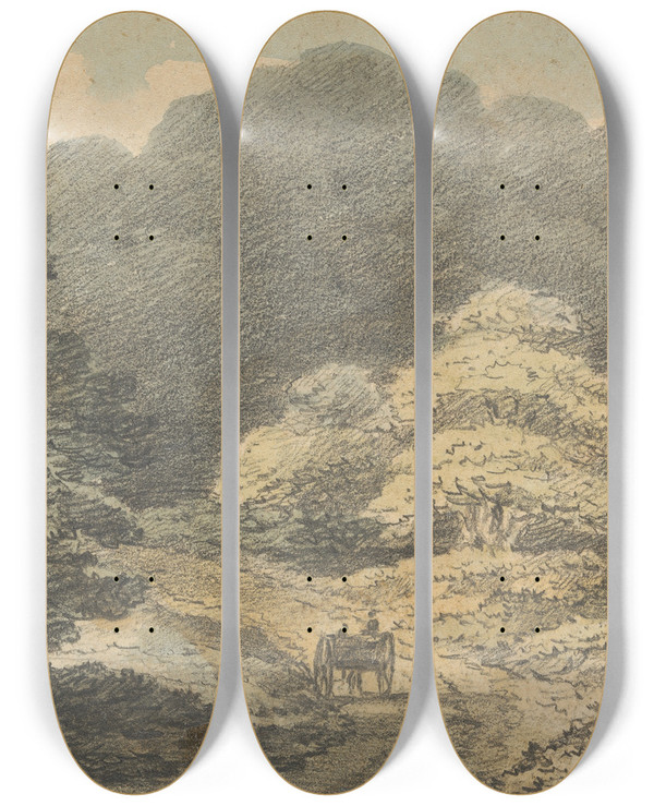Triptych art skateboard deck of Thomas Bradshaw Landscape Scene With Horse And Cart Near Tunbridge Wells by Thomas Bradshaw (1767)