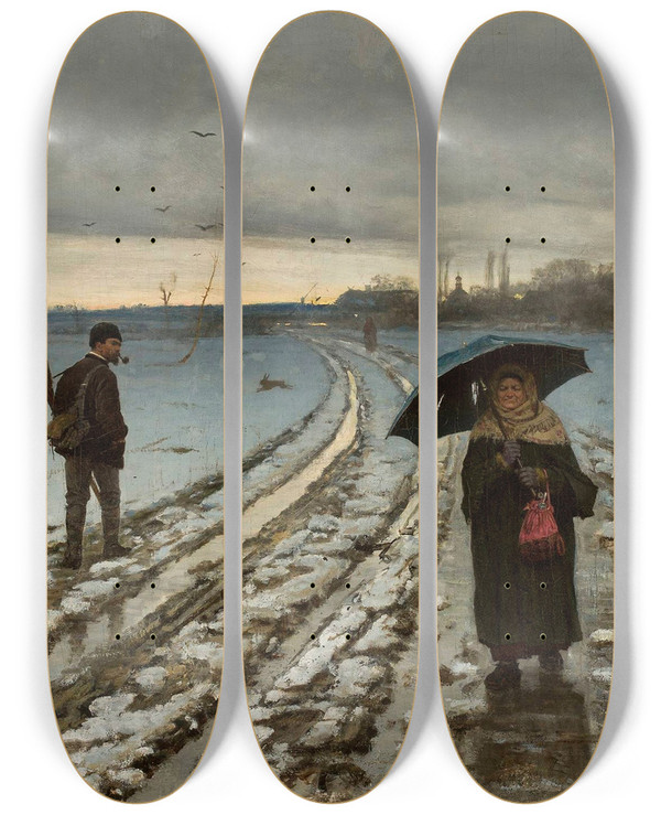 Triptych art skateboard deck of Antoni Kozakiewicz Bad Omen by Antoni Kozakiewicz (1841-1929)