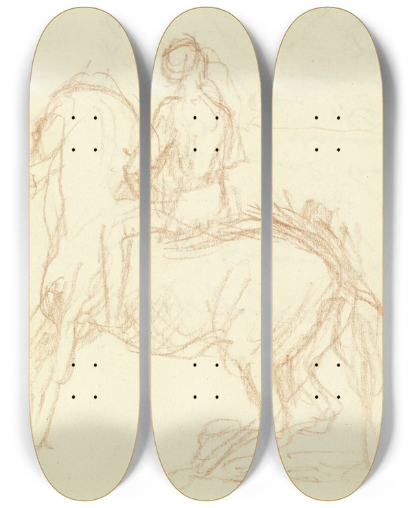 Triptych art skateboard deck of Wilhelm Rietschel Two Riding Young Men by Wilhelm Rietschel (1911-1941)