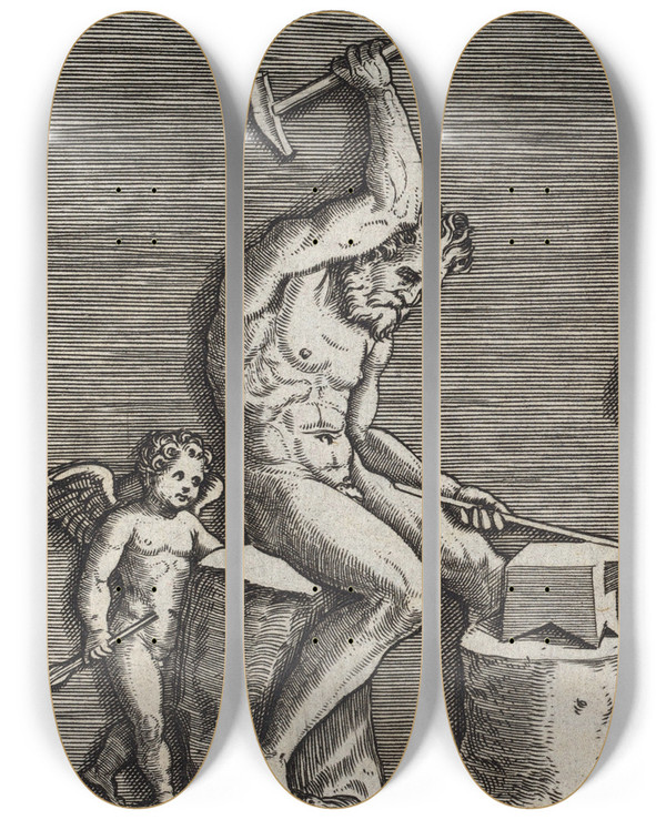 Triptych art skateboard deck of Marco Dente Vulcan At The Forge by Marco Dente (1486-1527)