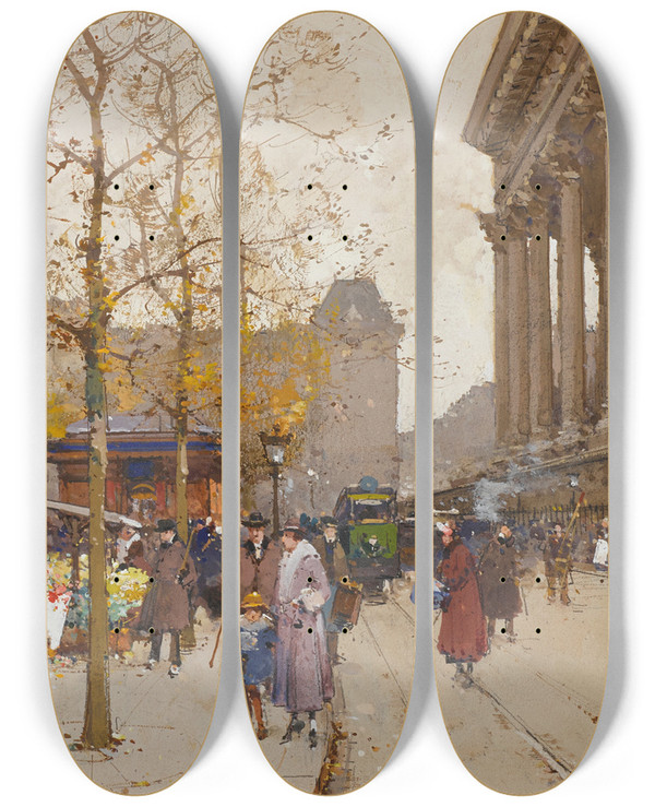 Triptych art skateboard deck of Eugne Galienlaloue La Madeleine by Eugene Galien Laloue (1854-1941)