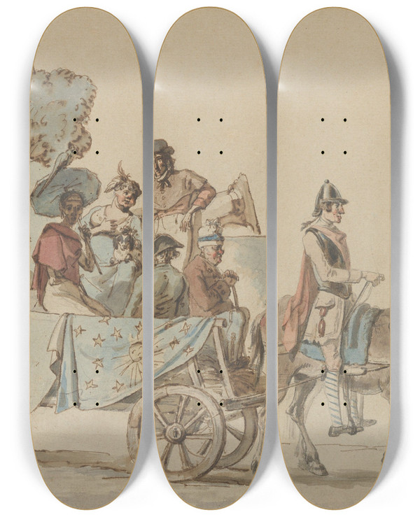 Triptych art skateboard deck of Eugne Delacroix Theatrical Troupe On The Road by Eugene Delacroix (1798-1863)