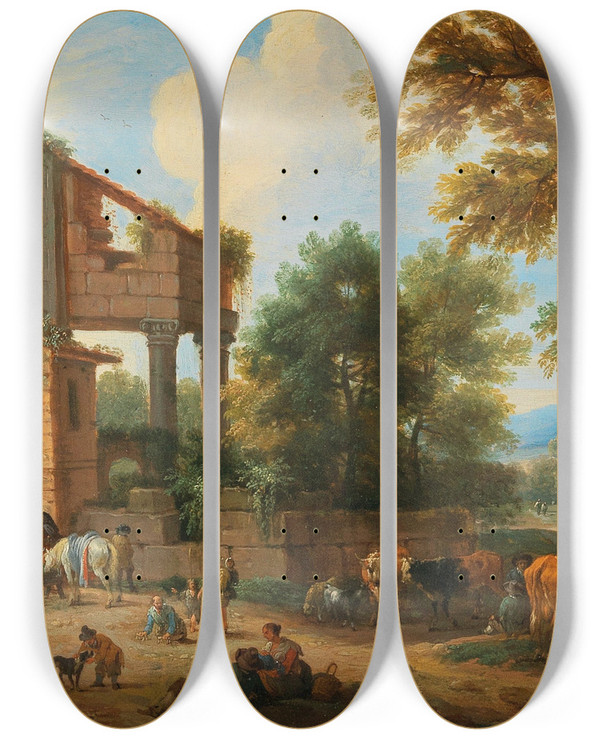 Triptych art skateboard deck of Mathys Schoevaerdts Travellers Outside The Gate Of A Town Near A Fountain by Mathys Schoevaerdts (1665-1702)