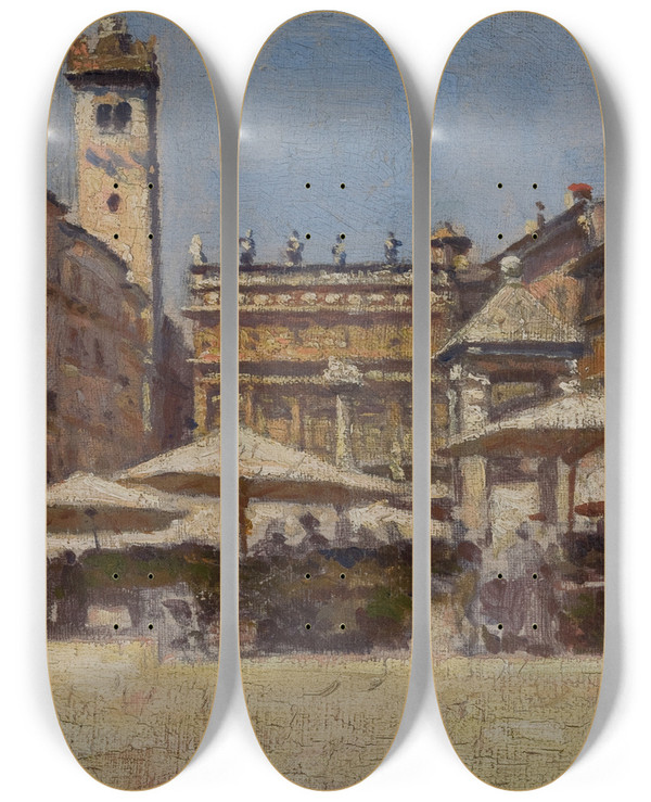 Triptych art skateboard deck of Aleksander Gierymski Piazza Delle Erbe In Verona by Aleksander Gierymski (1850-1901)