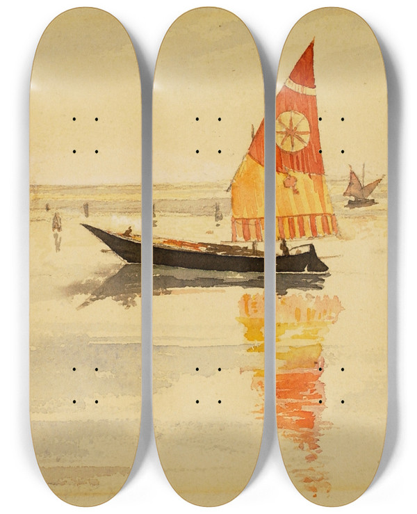 Triptych art skateboard deck of Cass Gilbert Sailboats Venice by Cass Gilbert (1859-1934)