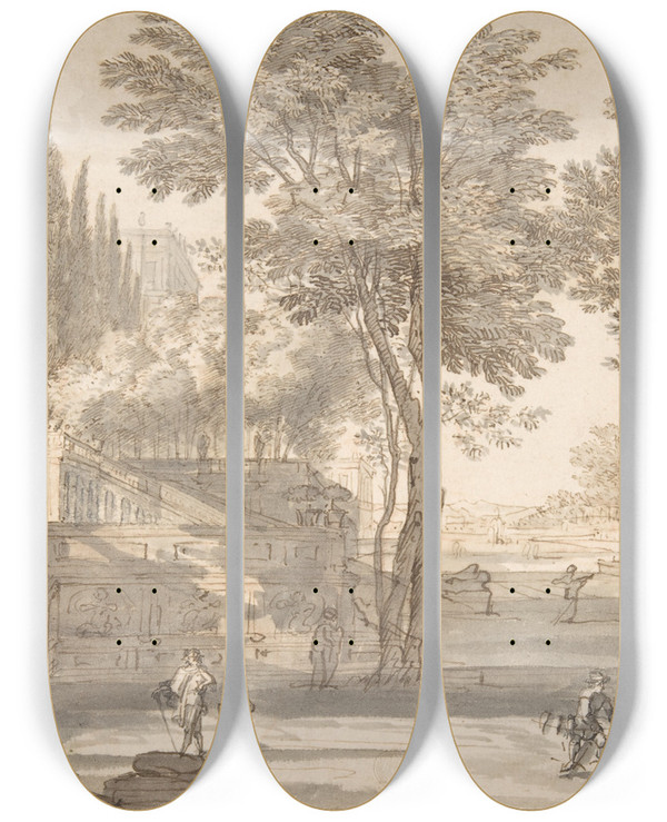 Triptych art skateboard deck of Isaac De Moucheron Classical Landscape by Isaac de Moucheron (1667-1744)
