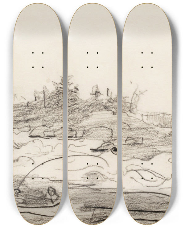 Triptych art skateboard deck of Winslow Homer Fishermen In The Rapids by Winslow Homer (1836-1910)