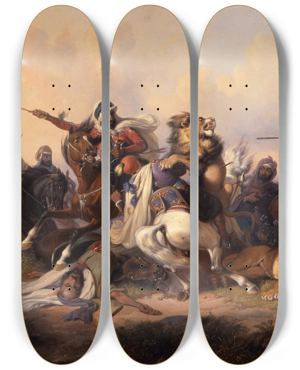Triptych art skateboard deck of Raden Saleh The Lion Hunt by Raden Saleh (1811-1880)