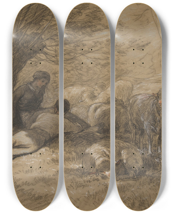 Triptych art skateboard deck of Charles Emile Jacque Tending The Sheep by Charles Emile Jacque (1813-1894)