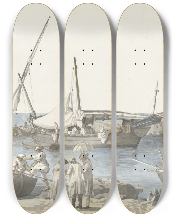 Triptych art skateboard deck of Abrahamlouisrodolphe Ducros Gezicht Op Tarente En Haven Van Luogo Vivo by Abraham-Louis-Rodolphe Ducros (1748-1810)