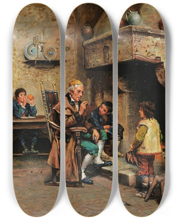 Triptych art skateboard deck of Francesco Bergamini The School Teacher by Francesco Bergamini (1880-1915)