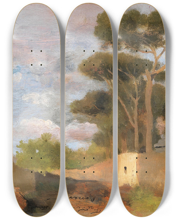 Triptych art skateboard deck of Federico Rossano Naples A View Of Vesuvius From Portici by Federico Rossano (1835-1912)