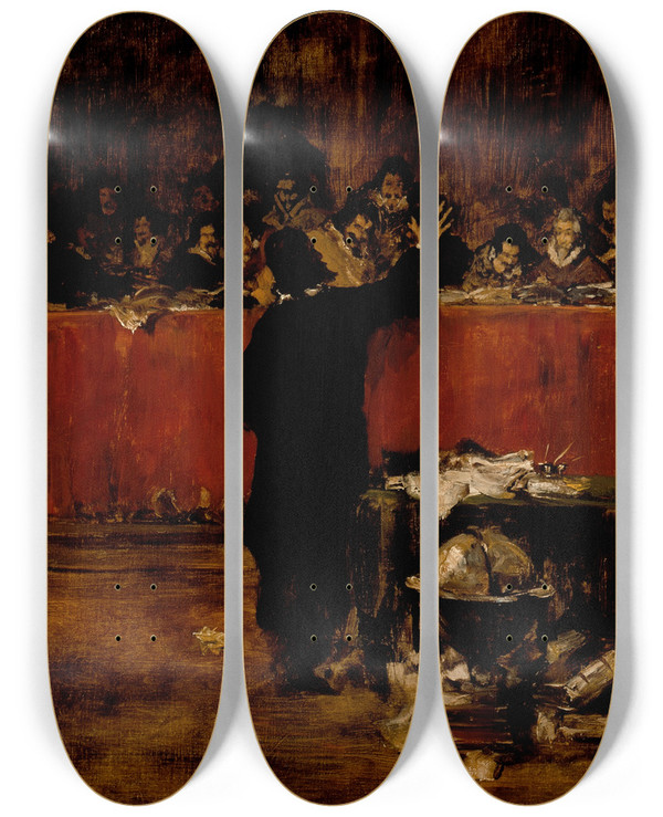 Triptych art skateboard deck of William Merritt Chase Christopher Columbus Before The Spanish Council by William Merritt Chase (1849-1916)