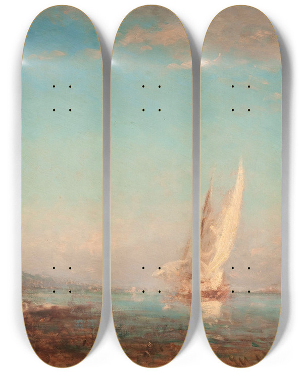 Triptych art skateboard deck of Flix Ziem Martigues La Voile Blanche by Felix Ziem (1821-1911)