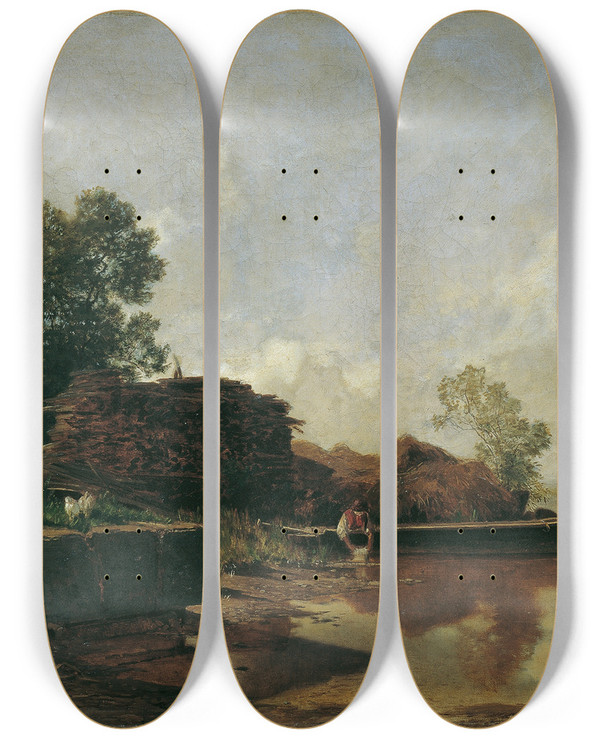 Triptych art skateboard deck of Adolf Ditscheiner Die Fraueninsel Im Chiemsee by Adolf Ditscheiner (1846-1904)