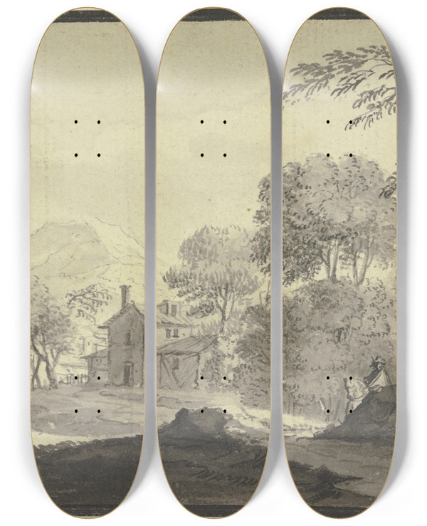 Triptych art skateboard deck of Johann Ludwig Aberli Haus An Einem Weg by Johann Ludwig Aberli (1723-1786)