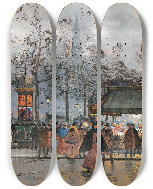 Triptych art skateboard deck of Eugne Galienlaloue Boulevard Anim Paris by Eugene Galien Laloue (1854-1941)