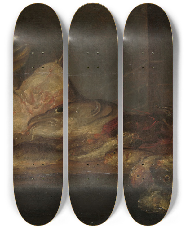 Triptych art skateboard deck of Alexander Adriaenssen Still Life With Fish by Alexander Adriaenssen (1587-1661)