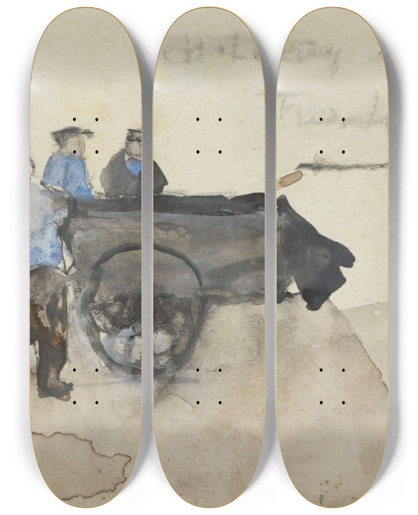 Triptych art skateboard deck of Adolf Le Comte Vier Werklieden Met Een Kar by Adolf Le Comte (1850-1921)