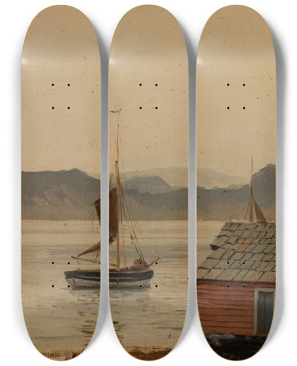 Triptych art skateboard deck of Amaldus Nielsen Fjordstudie_2 by Amaldus Nielsen (1838-1932)