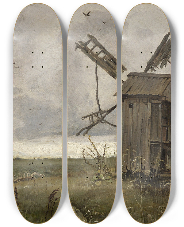 Triptych art skateboard deck of Jan Stanislawski Ukrainian Windmill by Jan Stanislawski (1860-1907)