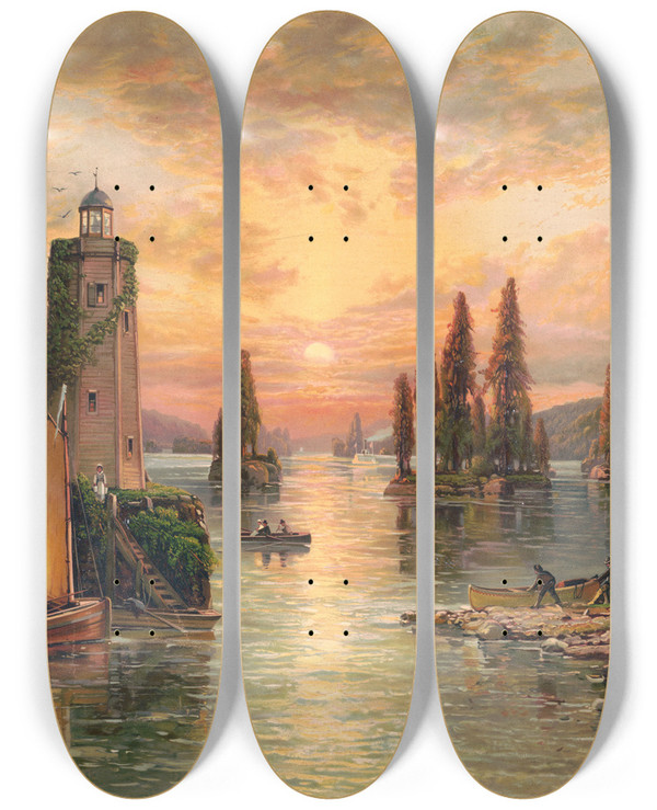 Triptych art skateboard deck of Andrew Melrose The Thousand Islands St Lawrence River by Andrew Melrose (1836-1901)