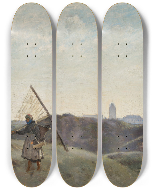 Triptych art skateboard deck of Jeanbaptistecamille Corot Dunkerque Une Pcheuse De Crevettes_2 by Jean-Baptiste-Camille Corot (1796-1875)