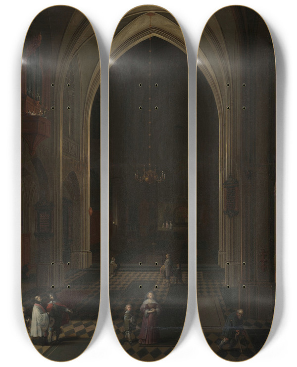 Triptych art skateboard deck of Pieter Neeffs The Elder Interior Of A Gothic Church At Night Looking East by Pieter Neeffs The Elder (1620-1675)