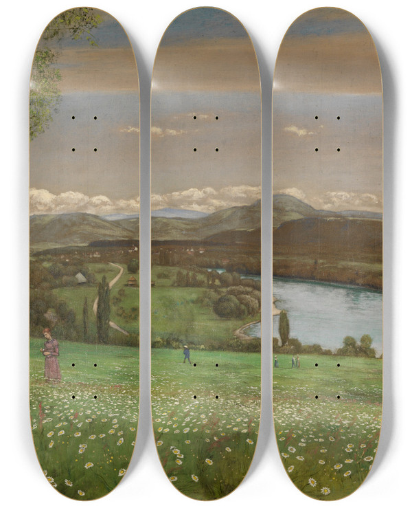 Triptych art skateboard deck of Hans Thoma Das Rheintal Bei Sckingen by Hans Thoma (1839-1924)