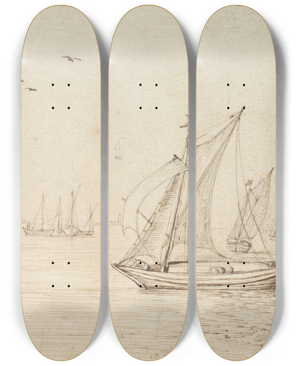 Triptych art skateboard deck of Jan Brueghel The Elder Sailboats A City In Thedistance by Jan Brueghel The Elder (1568-1625)
