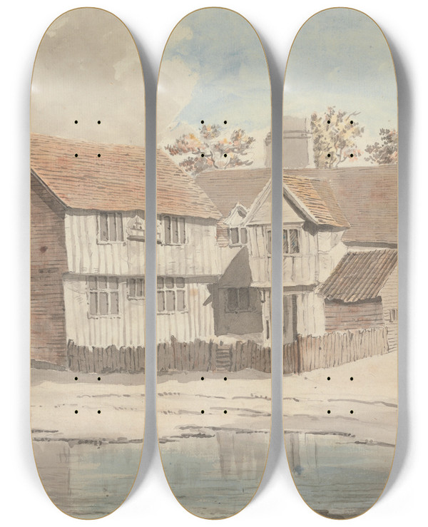 Triptych art skateboard deck of Thomas Theodosius Forrest The Cheesecake House Hyde Park by Thomas Theodosius Forrest (1728-1784)