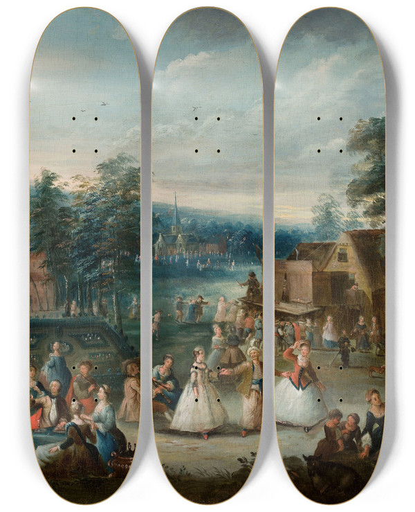 Triptych art skateboard deck of Christian Wilhelm Ernst Dietrich Merrymaking In A Park by Christian Wilhelm Ernst Dietrich (1712-1774)