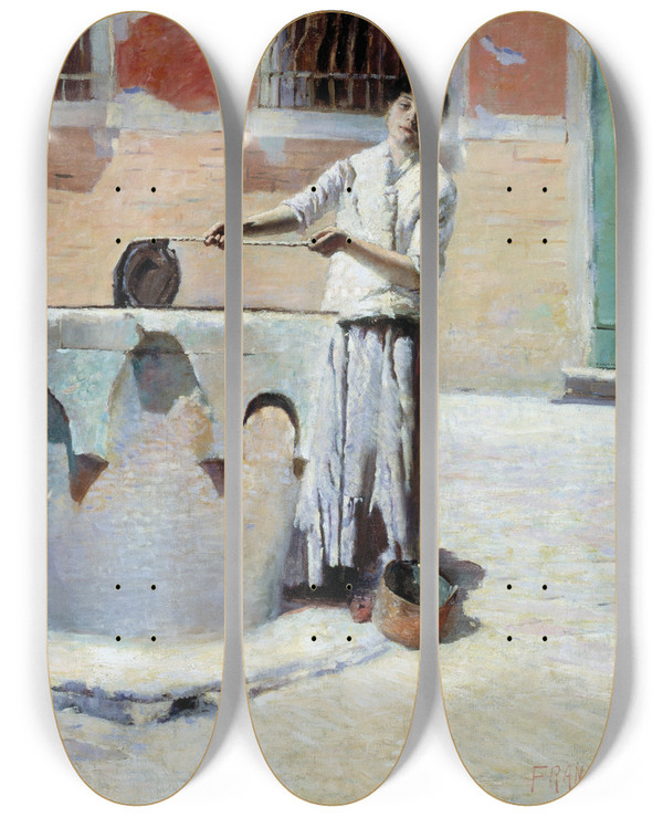 Triptych art skateboard deck of Frank Edwin Scott Scene Italienne Pres De La Fontaine by Frank Edwin Scott (1863-1929)