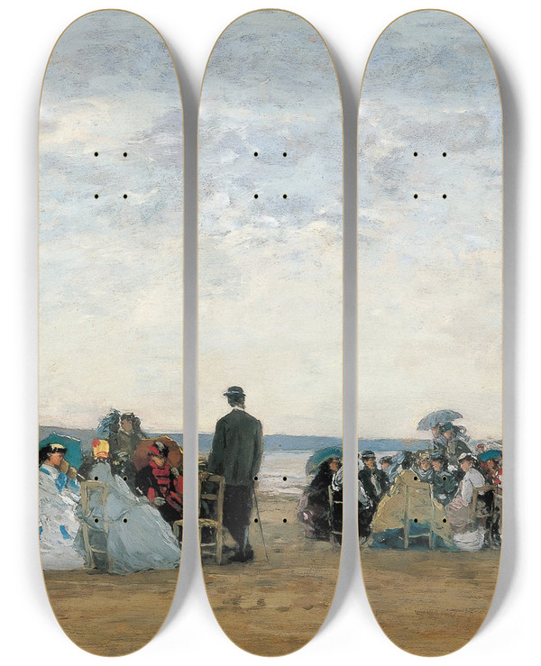 Triptych art skateboard deck of Eugne Boudin The Beach Near Trouville by Eugene Boudin (1824-1898)