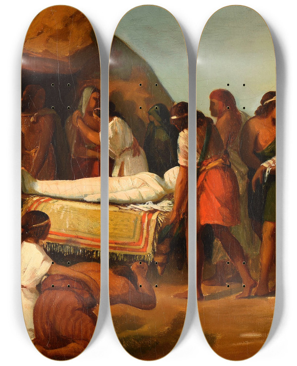 Triptych art skateboard deck of Dominique Louis Papety Scne De Funrailles by Dominique Louis Papety (1815-1849)