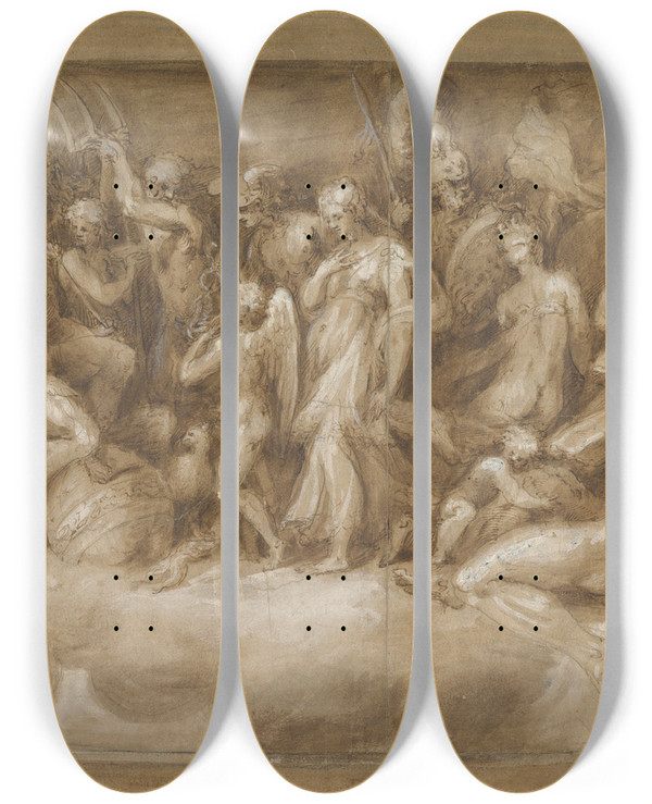 Triptych art skateboard deck of Andrea Schiavone Cupid Presenting Psyche To The Gods by Andrea Schiavone (1500-1563)