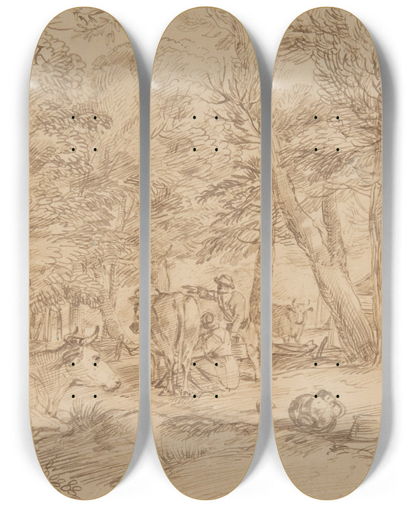 Triptych art skateboard deck of Jan Lievens Landscape With Milkmaid by Jan Lievens (1607-1674)