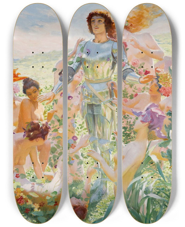 Triptych art skateboard deck of Georges Antoine Rochegrosse Le Chevalier Aux Fleurs by Georges Antoine Rochegrosse (1859-1938)