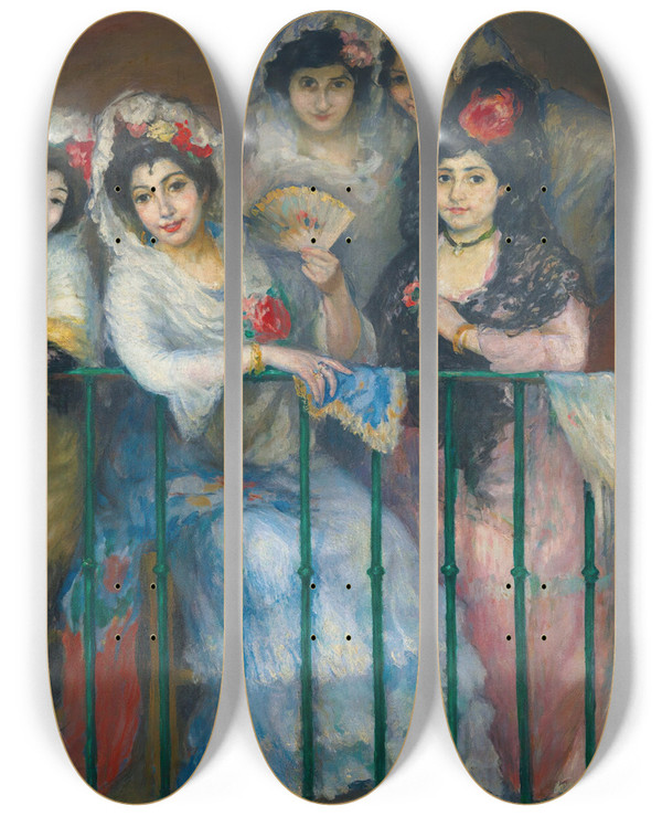 Triptych art skateboard deck of Ricard Canals I Llamb A Balcony At The Bullfight by Ricard Canals I Llambi (1876-1931)