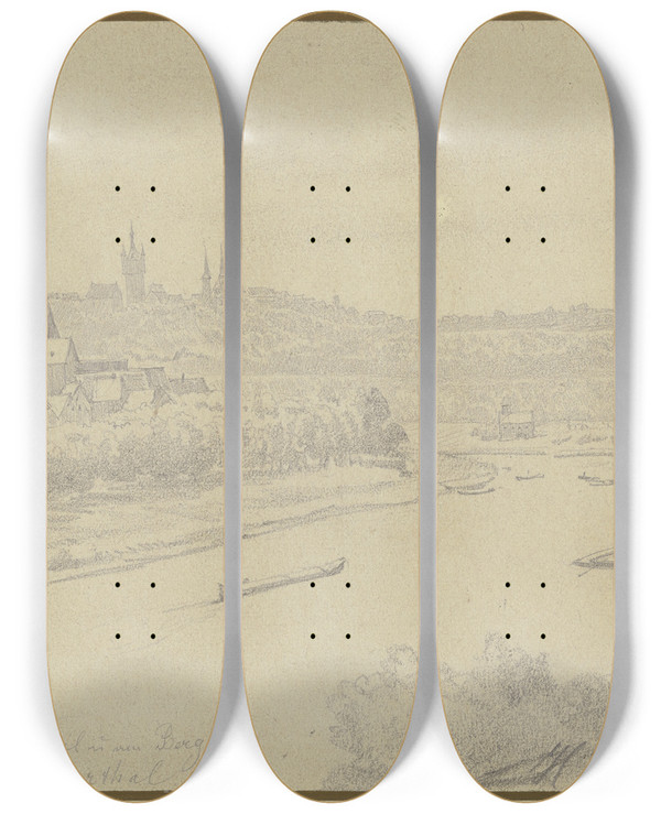 Triptych art skateboard deck of Johann Heinrich Hasselhorst Ansicht Von Wimpfen Am Neckar by Johann Heinrich Hasselhorst (1825-1904)
