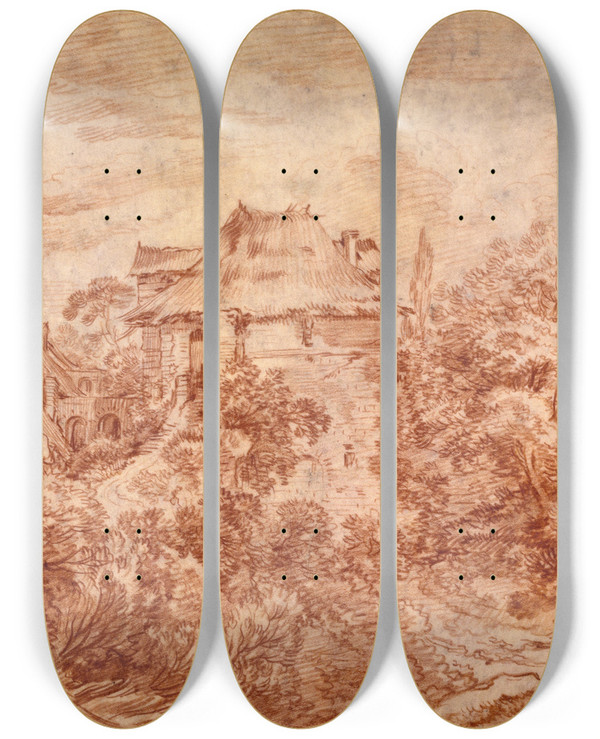 Triptych art skateboard deck of Franois Boucher Landscape With Figures by Francois Boucher (1703-1770)