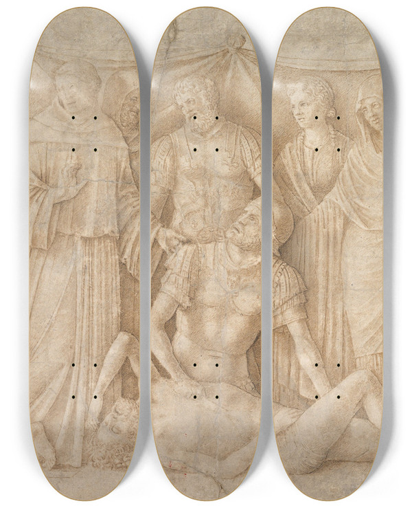 Triptych art skateboard deck of Antonio Lombardo Saint Anthony Of Padua And The Miracle Of The Misers Heart by Antonio Lombardo (1458-1516)